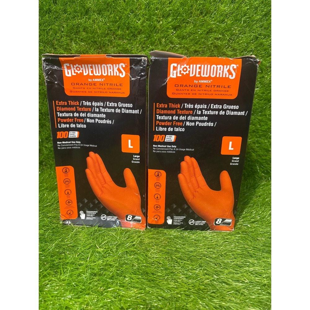 Gloveworks Orange Nitrile Gloves 8 Mil Heavy Duty Texture 2 Boxes L 200ct